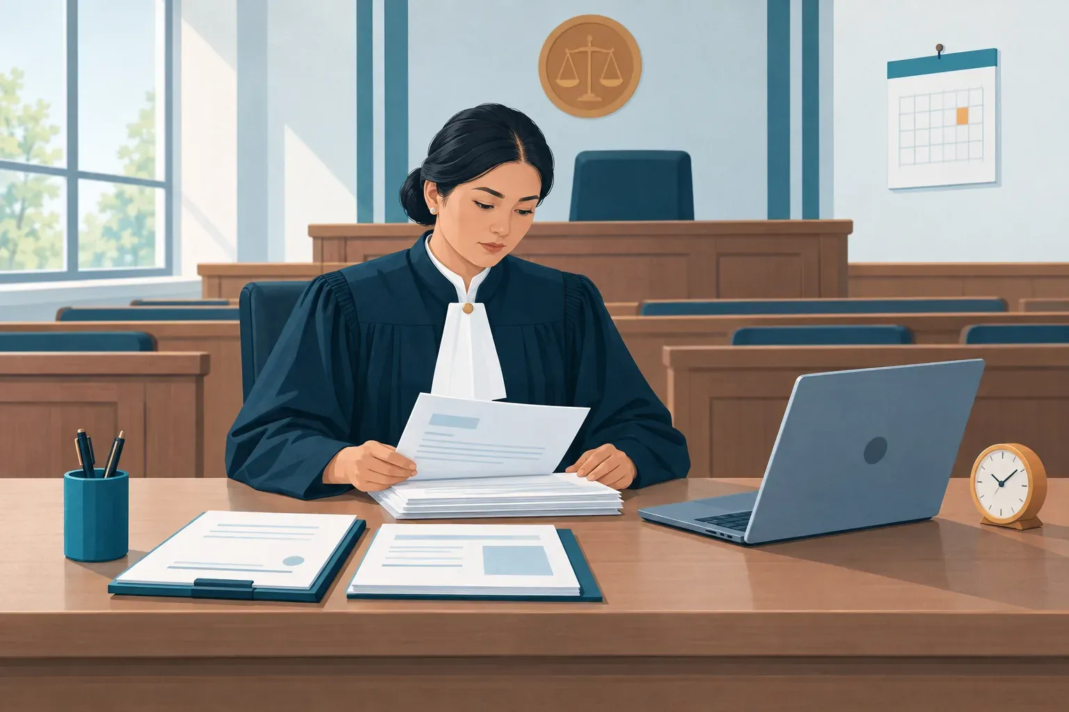 Судья одна в пустом зале читает стопку документов по делу: договор, накладные, письмо, рядом ноутбук и часы