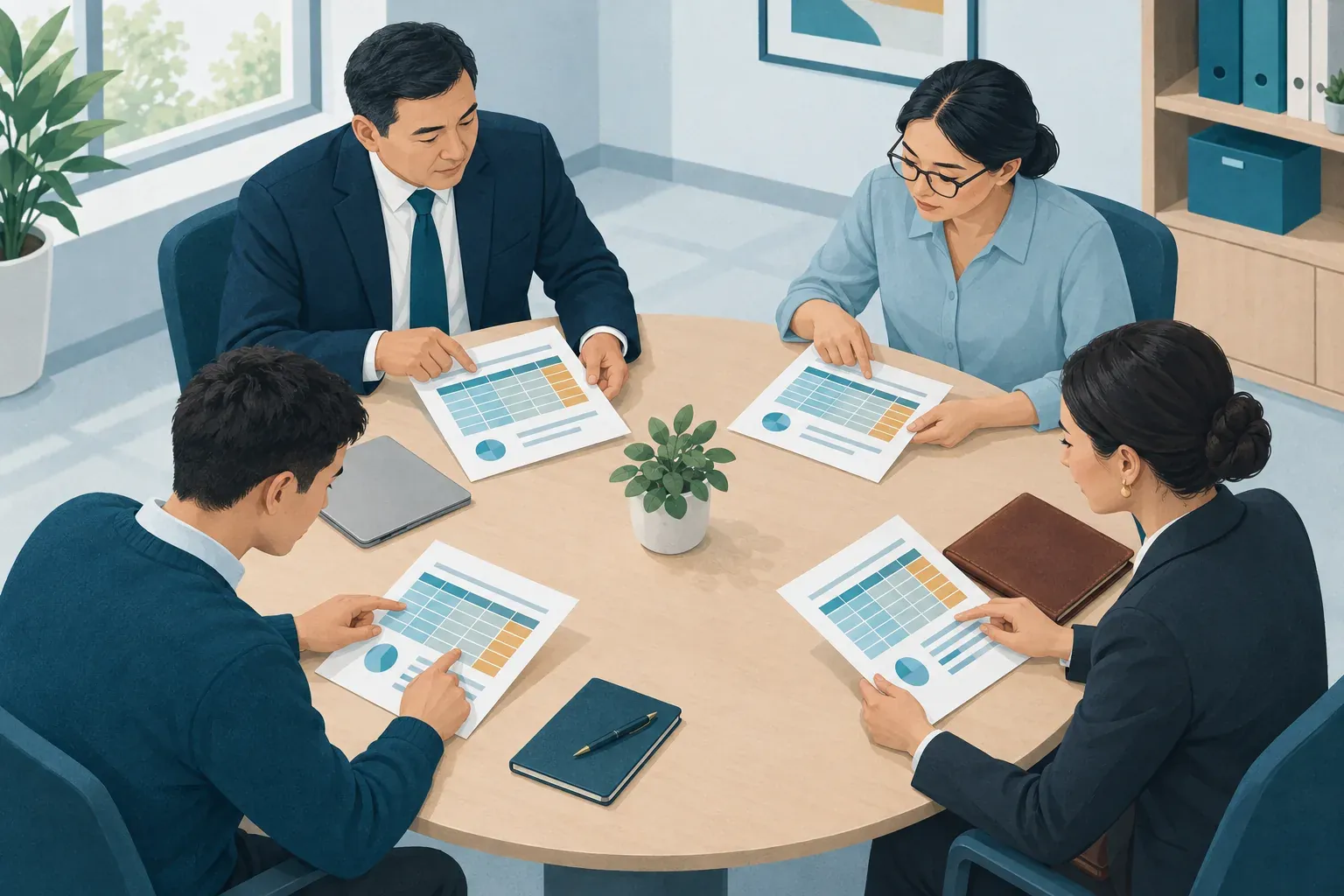 Четверо за круглым столом с одинаковыми распечатками таблицы: каждый показывает пальцем на свою часть листа